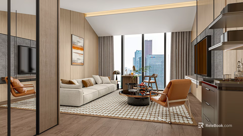 Modern Hotel Guest Room Interior with Sofa Armchair Coffee Table Large Windows City View 3d model 