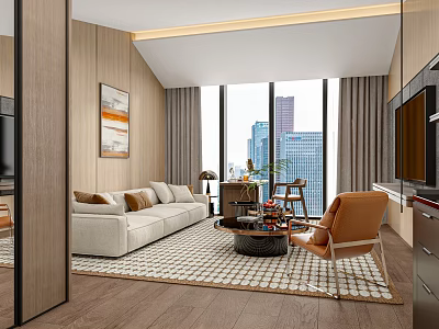 Modern Hotel Guest Room Interior with Sofa Armchair Coffee Table Large Windows City View 3d model