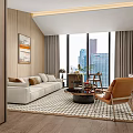 Modern Hotel Guest Room Interior with Sofa Armchair Coffee Table Large Windows City View