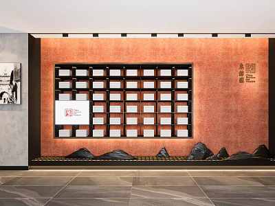 Orange Background Wall With Grid Display Shelf White Squares And Rockery Decorations 3d model