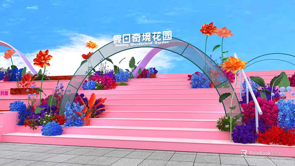 Floral Installation With Pink Stairs Arch Decoration And Colorful Flowers Under Blue Sky 3d model 
