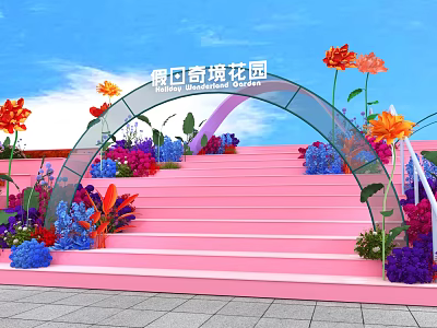 Floral Installation With Pink Stairs Arch Decoration And Colorful Flowers Under Blue Sky 3d model