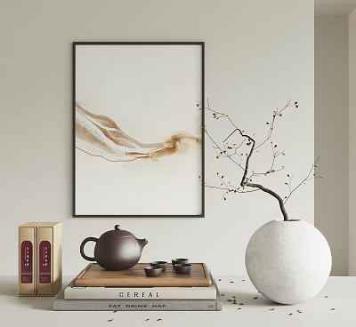 Elegant Traditional Tea Set with Teapot Cups on Wooden Tray and Decorative Painting 3d model