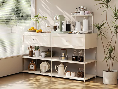 Modern White Sideboard Featuring Coffee Machine Fruits Green Plants and Storage Shelves in Sunlit Room 3d model