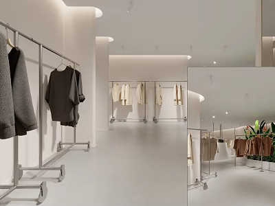 Minimalist Clothing Store Interior With White Walls Light Floor Clothing Racks And Hanging Clothes 3d model