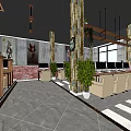 Modern Internet Cafe Interior With Computers Wooden Partitions Large Windows And Green Plants