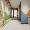 Modern Interior Space With Bookshelves Reception Desk And Orange Chairs
