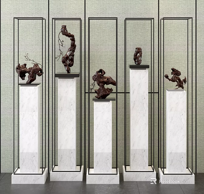 Artistic Sculptures Displayed On White Marble Pedestals With Green Grid Background 3d model 