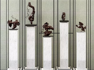 Artistic Sculptures Displayed On White Marble Pedestals With Green Grid Background 3d model