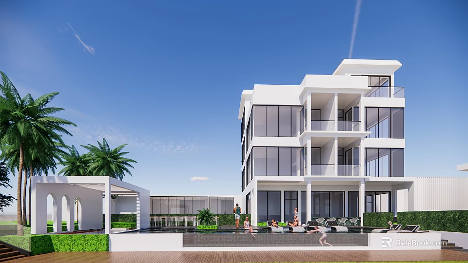 Modern White Detached Villa With Large Glass Windows Balconies And Palm Trees Outdoor Leisure Area 3d model 