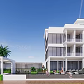 Modern White Detached Villa With Large Glass Windows Balconies And Palm Trees Outdoor Leisure Area