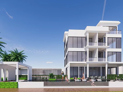 Modern White Detached Villa With Large Glass Windows Balconies And Palm Trees Outdoor Leisure Area 3d model
