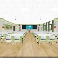 School Classroom With Neat Rows Of Desks Green White Chairs Wooden Flooring And Ceiling Lights