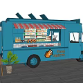Blue Food Truck With Awning Display Shelves Menu Board And Potted Plants
