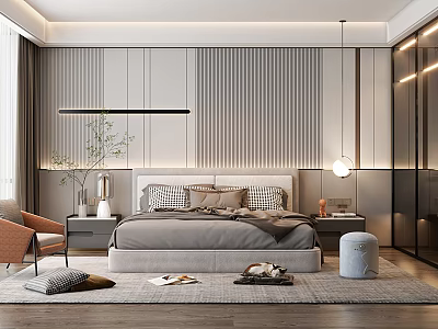 Modern Bedroom Interior Design With Striped Wall Paneling Cozy Bed Nightstand Pendant Light And Rug 3d model