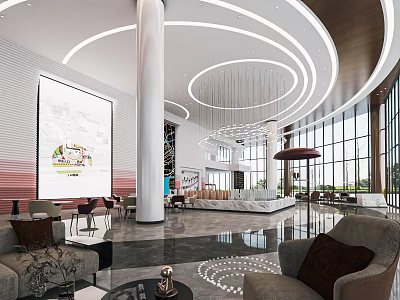 Sales Office Interior Design With Lobby Sofas Chandeliers And Large Glass Windows 3d model