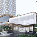 Modern Commercial Building Outdoor Leisure Area With Glass Facade Umbrellas Seating Greenery And Pedestrians