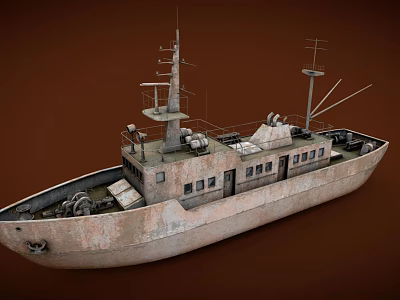 Old Rusty Ship With Masts And Superstructure 3d model