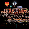 Cartoon Scene With Hot Air Balloons Small Houses Trees And Furniture Elements