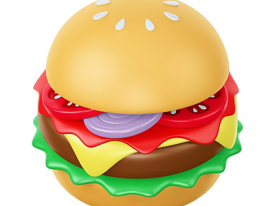 Fresh Delicious Hamburger With Sesame Bun Tomato Onion Cheese Patty And Lettuce 3d model