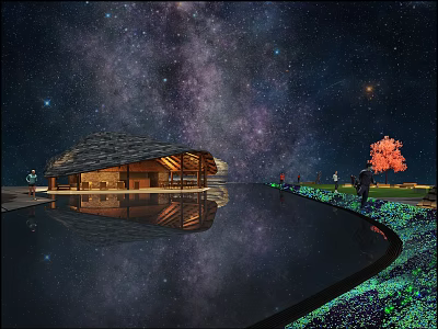 Milky Way Night Scene With Modern Building Water Pool Reflection Red Tree And People 3d model