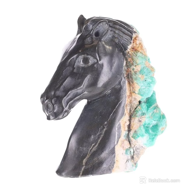 Detailed Horse Head Sculpture Carving In Black Stone With Green Mane And Natural Raw Texture 3d model 