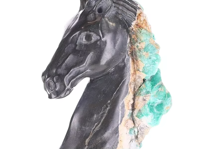 Detailed Horse Head Sculpture Carving In Black Stone With Green Mane And Natural Raw Texture 3d model