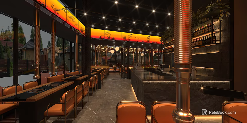 Modern Upscale Restaurant Interior With Warm Ambient Lighting Complete Bar And Comfortable Dining Seats 3d model 