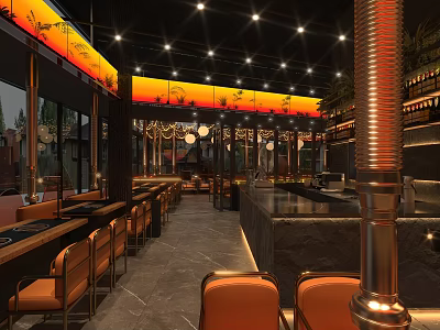Modern Upscale Restaurant Interior With Warm Ambient Lighting Complete Bar And Comfortable Dining Seats 3d model
