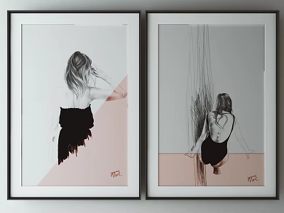 Two Framed Artworks With Female Back Views In Black Dress And Pink Background Signed TAY 3d model