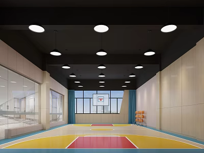 Modern Spacious Basketball Gym Interior With Colorful Floor Ceiling Lights And Hoop 3d model