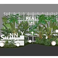 Lush Tropical Green Plants With White Grid Frame And Spherical Ornaments 3d model