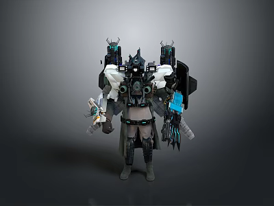 Futuristic Sci Fi Character In Mechanical Armor With Weapons And Backpack Devices 3d model