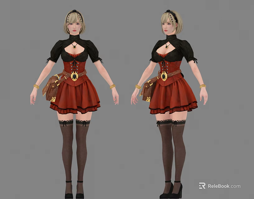 Game Character Design With Red Dress Black Top Black Stockings Belt And Pouch 3d model 