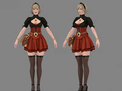 Game Character Design With Red Dress Black Top Black Stockings Belt And Pouch 3d model