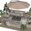 Outdoor Sofa Set With Fire Pit Umbrella And Plants On Wooden Deck