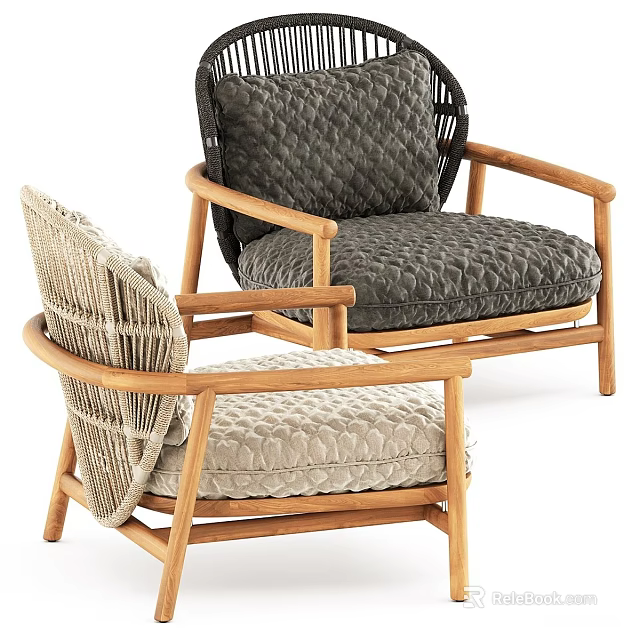 Modern Outdoor Sofa With Wooden Frame Woven Backrest And Plush Cushions 3d model 