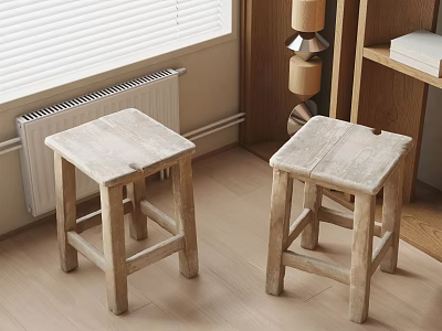 Two Natural Wooden Stools in Cozy Room Interior With Window Blinds and Wooden Shelf 3d model