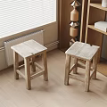 Two Natural Wooden Stools in Cozy Room Interior With Window Blinds and Wooden Shelf