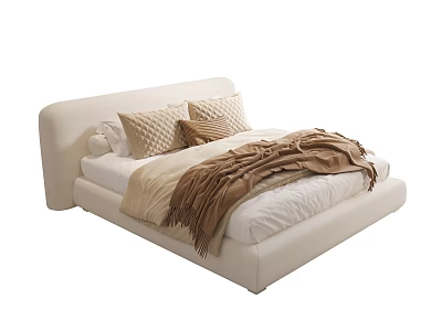 Light Colored Soft Upholstered Kids Bed with Plush Pillows and Cozy Blanket 3d model