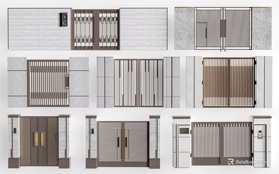 Modern Entrance Gate Designs With Sleek Slatted Panels And Metal Wooden Frames 3d model 