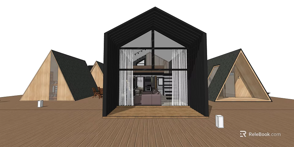 Modern Guesthouse Building With Black Exterior Triangular Roof Large Glass Facade And Wooden Deck 3d model 