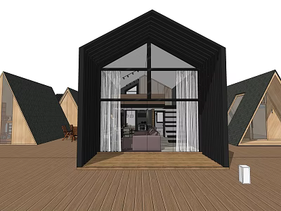 Modern Guesthouse Building With Black Exterior Triangular Roof Large Glass Facade And Wooden Deck 3d model
