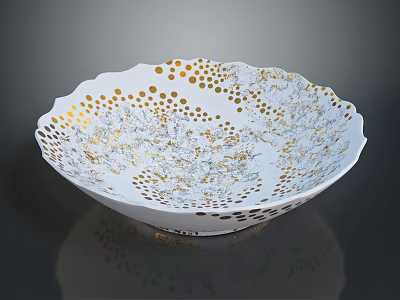 Elegant Carved White Bowl Sculpture with Gold Dots and Intricate Hollow Patterns 3d model