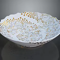 Elegant Carved White Bowl Sculpture with Gold Dots and Intricate Hollow Patterns