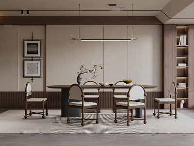 Elegant Wooden Restaurant Interior With Round Dining Table Comfy Chairs Hanging Lights Decorative Paintings And Bookshelves 3d model