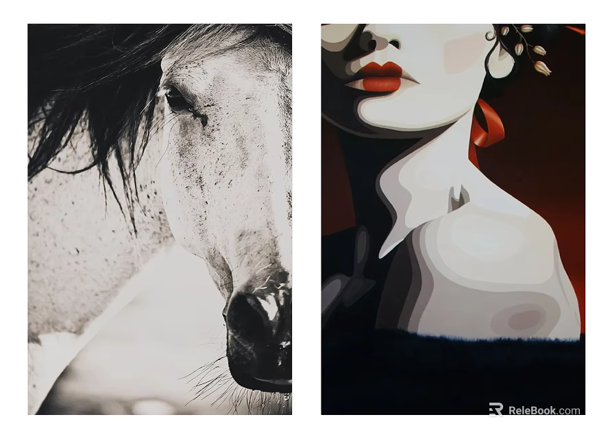 Black And White Horse Close Up And Colorful Woman Profile With Red Lips Hair Accessory 3d model 