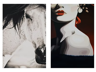 Black And White Horse Close Up And Colorful Woman Profile With Red Lips Hair Accessory 3d model