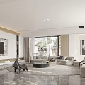 Modern Living Room Interior With Gray Sofas Large Windows Marble Floor And Coffee Table 3d model