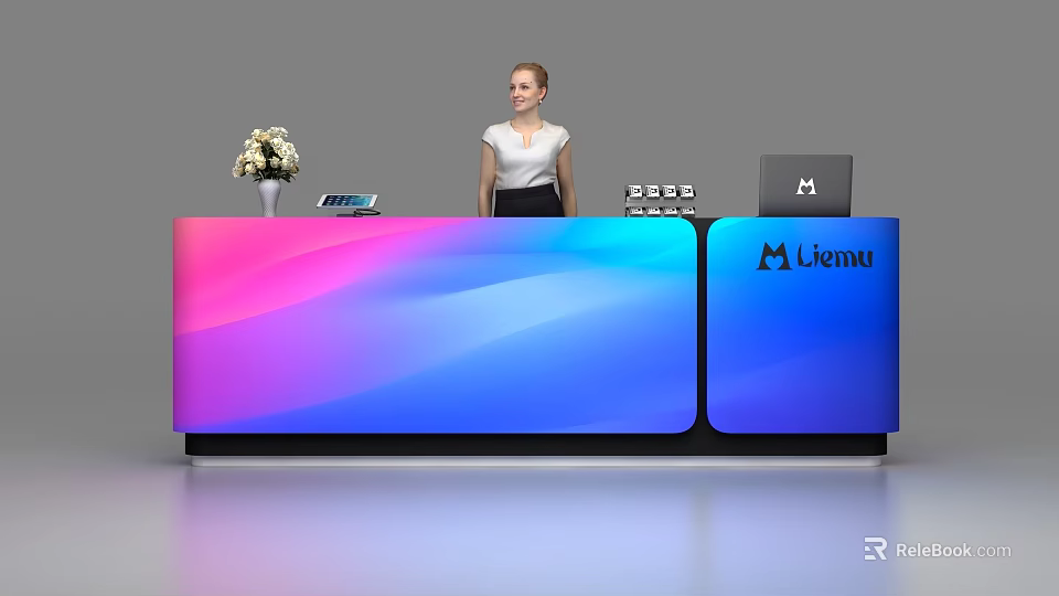 Modern Gradient Pink Blue Reception Desk with Flower Vase Phone Laptop and Menu Brand 3d model 